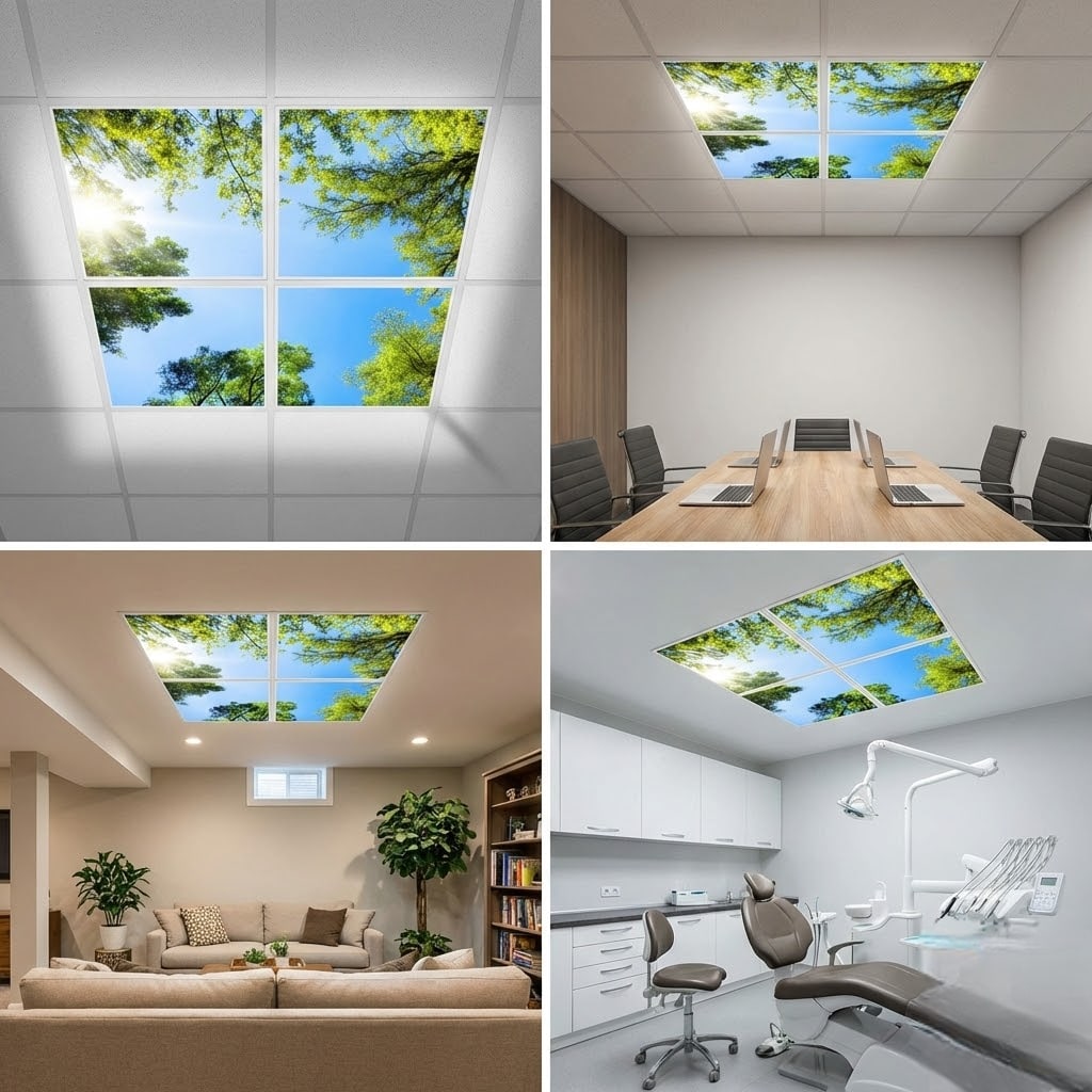 SunshinePanel Pack 4 Dalles LED Myst�re Forestier 60�60 cm - 1,44 m� Plafond Lumineux, effet lumineux ambiance
