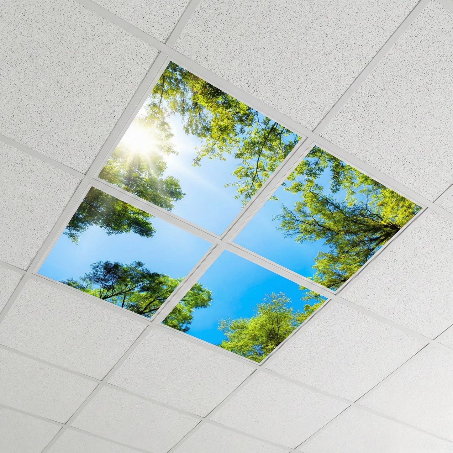 SunshinePanel Pack 4 Dalles LED Myst�re Forestier 60�60 cm - 1,44 m� Plafond Lumineux, dimensions et gabarit