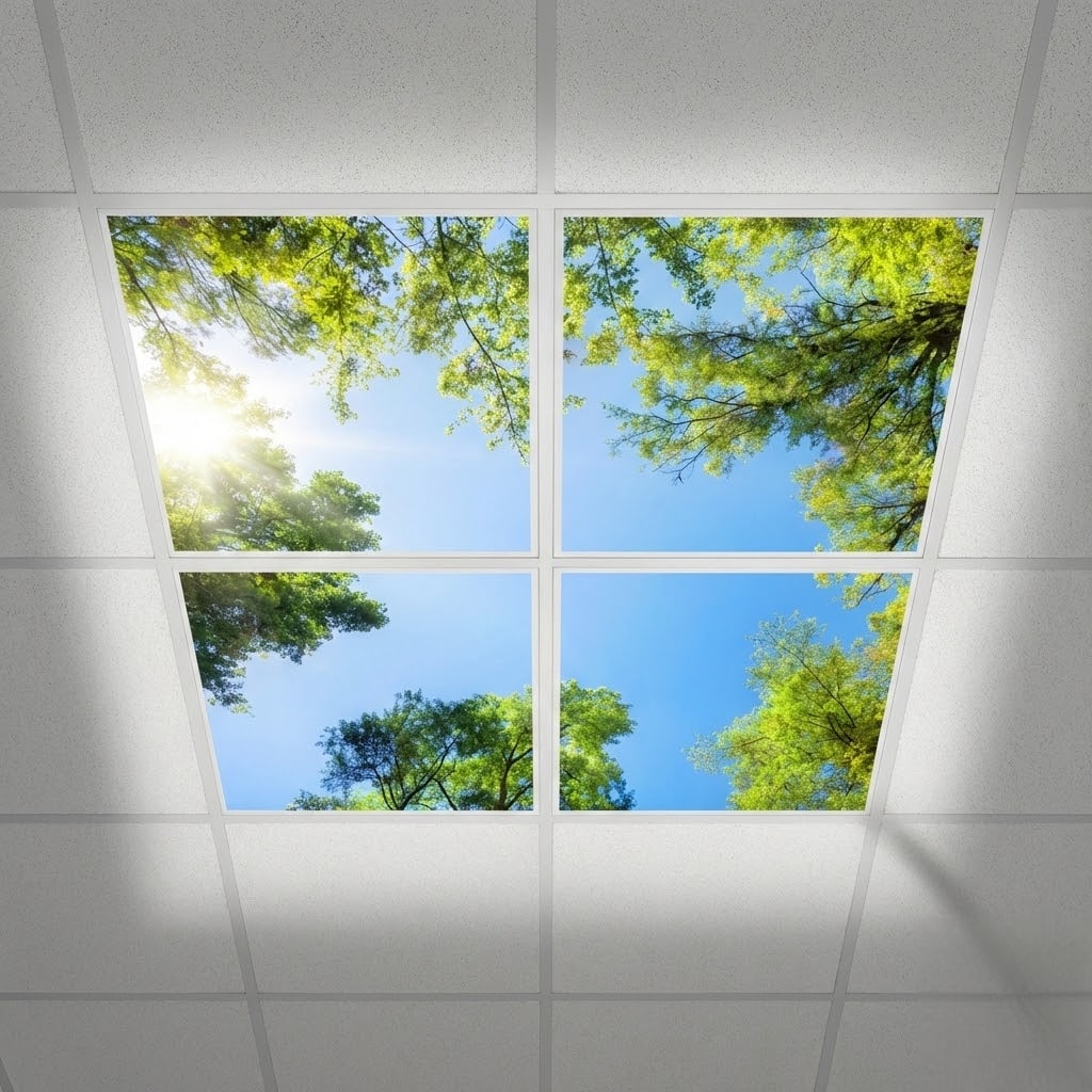 SunshinePanel Pack 4 Dalles LED Myst�re Forestier 60�60 cm - 1,44 m� Plafond Lumineux, rendu pack vue ensemble