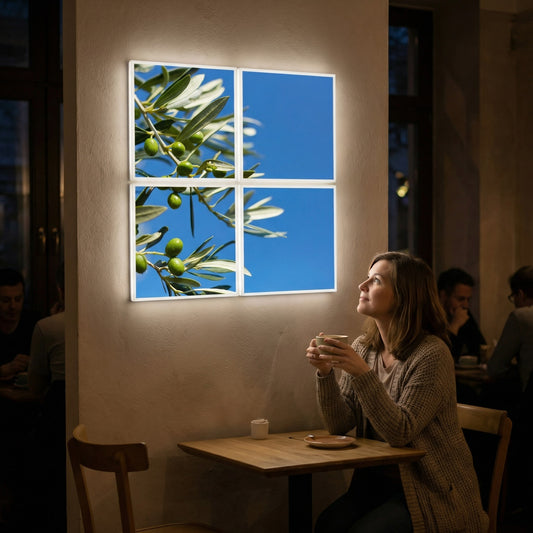 SunshinePanel Pack 4 Dalles LED Parfum d’Oliviers 60×60 cm - 1,44 m² Plafond Lumineux — dalle LED imprimée SunshinePanel