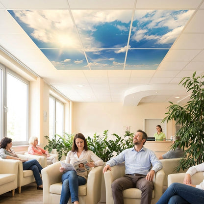 SunshinePanel Pack 6 Dalles LED Ciel Tr�s Nuageux 60�60 cm - 2,16 m� Verri�re LED, vue d�tail installation plafond LED