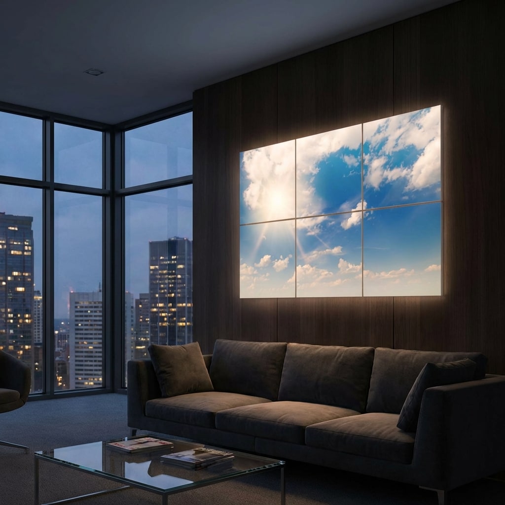 SunshinePanel Pack 6 Dalles LED Ciel Tr�s Nuageux 60�60 cm - 2,16 m� Verri�re LED, dimensions et gabarit