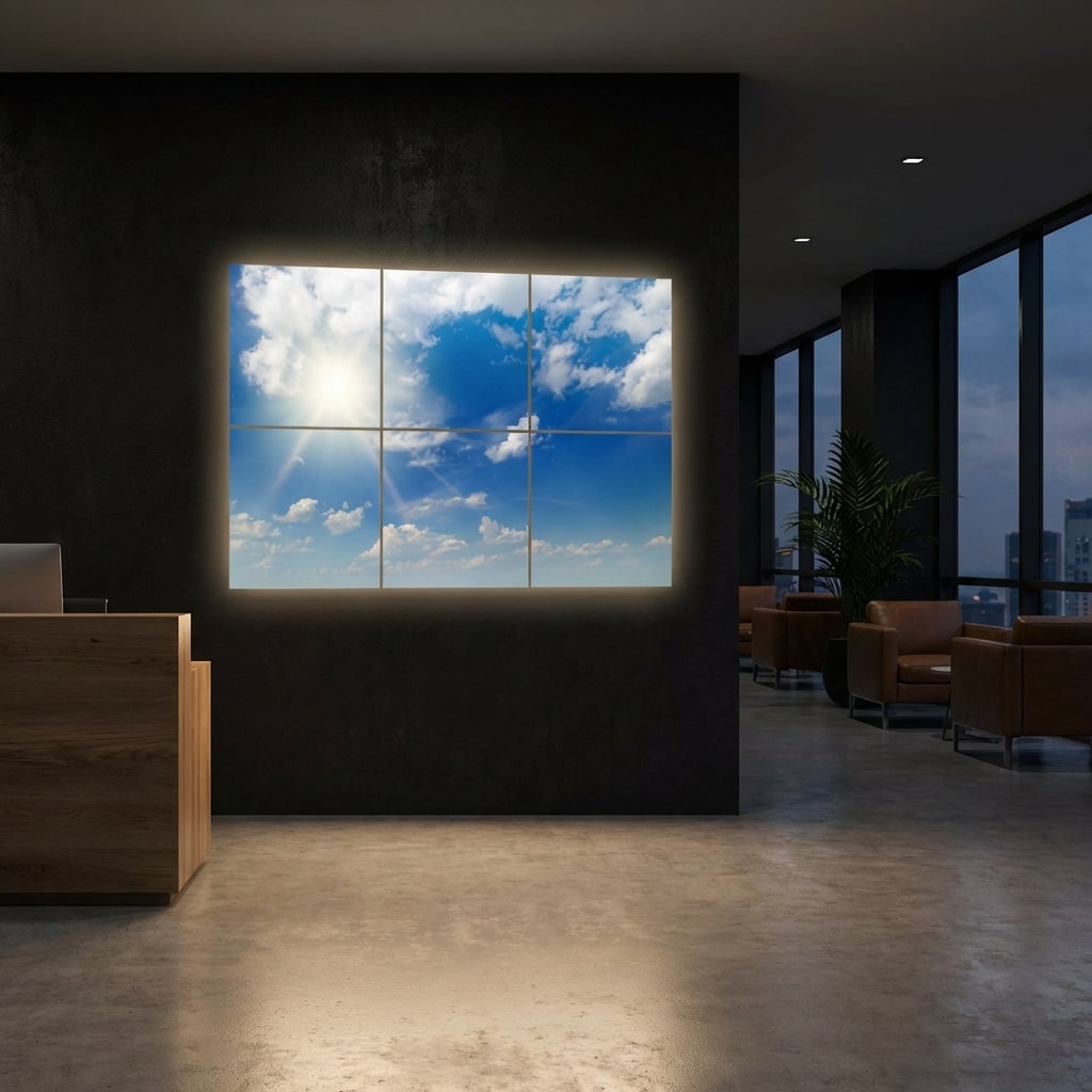 SunshinePanel Pack 6 Dalles LED Ciel Tr�s Nuageux 60�60 cm - 2,16 m� Verri�re LED, vue arriere et connectique