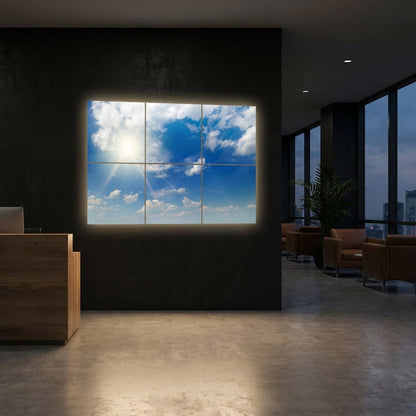 SunshinePanel Pack 6 Dalles LED Ciel Tr�s Nuageux 60�60 cm - 2,16 m� Verri�re LED, vue arriere et connectique