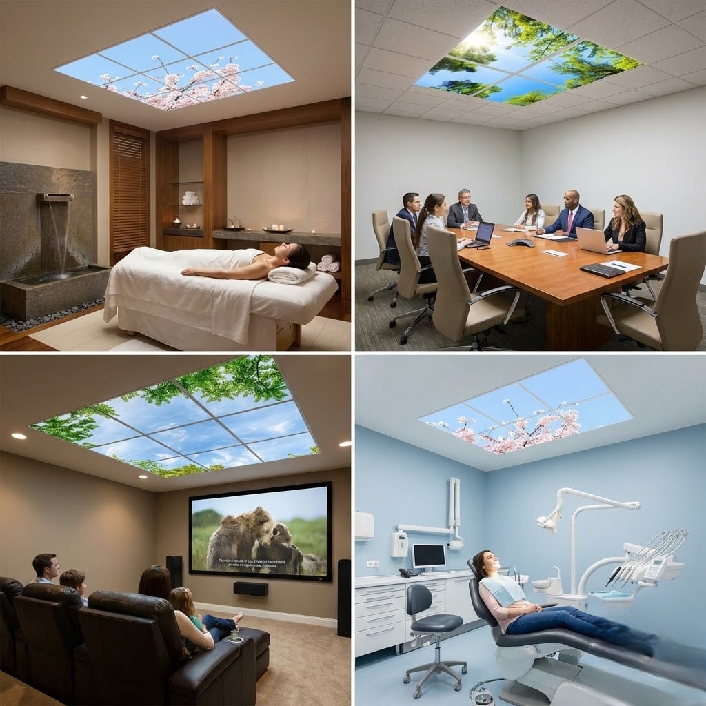 SunshinePanel Pack 6 Dalles LED Fleurs de Ciel 60�60 cm - 2,16 m� Verri�re LED, rendu pack vue ensemble