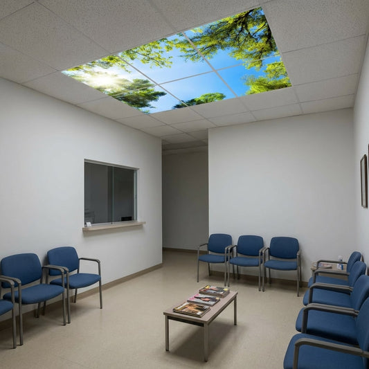 SunshinePanel Pack 6 Dalles LED Mystère Forestier 60×60 cm - 2,16 m² Verrière LED — vue détail installation plafond LED