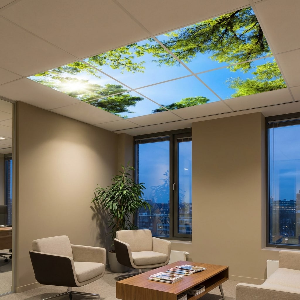 SunshinePanel Pack 6 Dalles LED Myst�re Forestier 60�60 cm - 2,16 m� Verri�re LED, pose multi-dalles au plafond