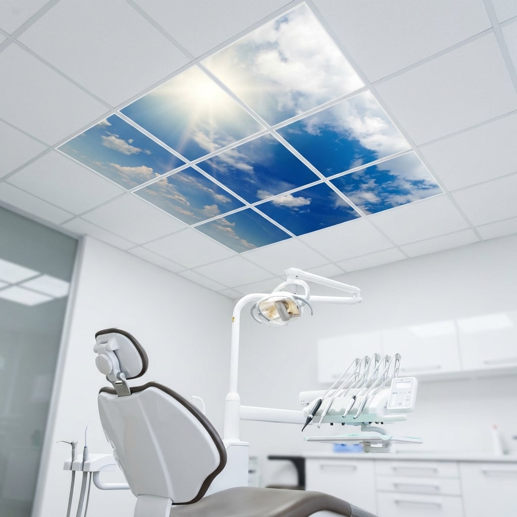 SunshinePanel Pack 9 Dalles LED Ciel Tr�s Nuageux 60�60 cm - 3,24 m� Plafond Complet, effet lumineux en situation