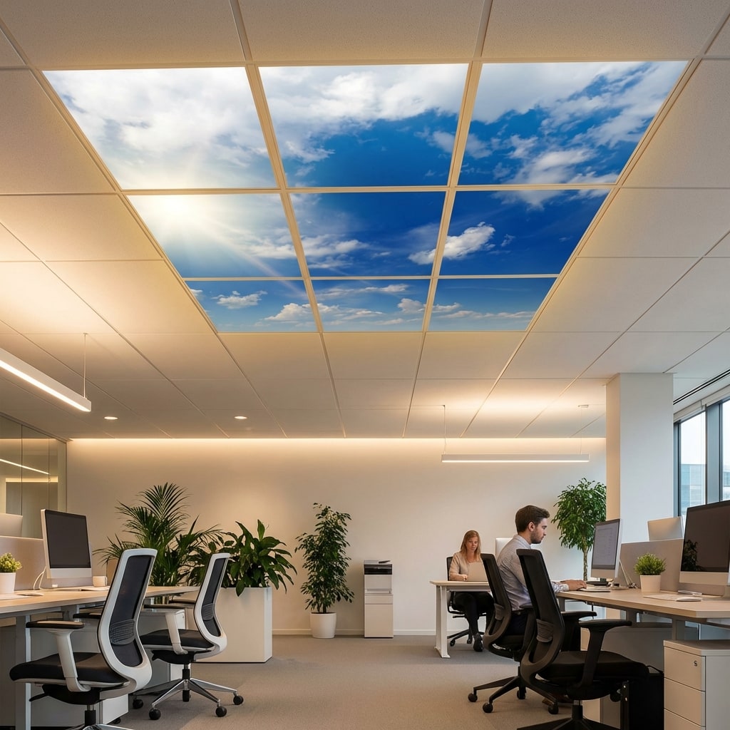 SunshinePanel Pack 9 Dalles LED Ciel Tr�s Nuageux 60�60 cm - 3,24 m� Plafond Complet, vue d�tail installation plafond LED