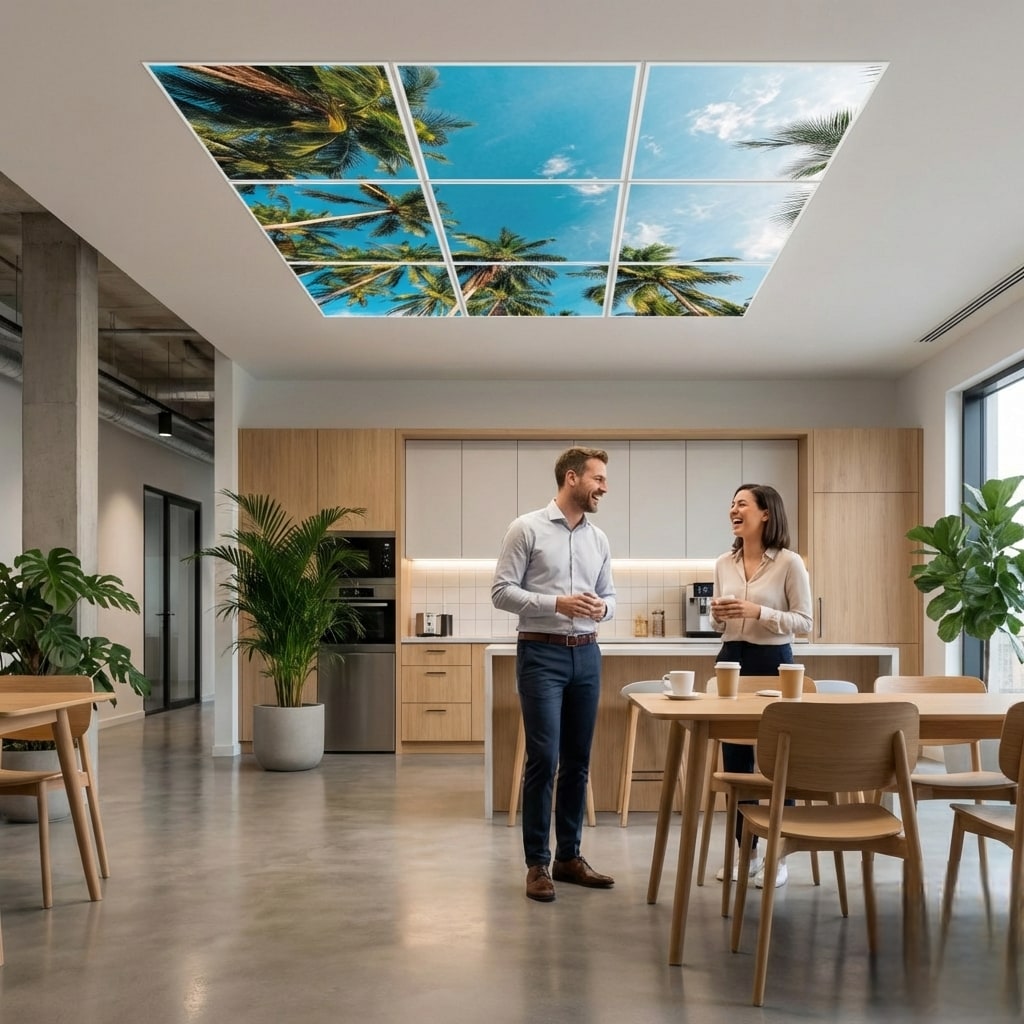 SunshinePanel Pack 9 Dalles LED �vasion Tropicale 60�60 cm - 3,24 m� Plafond Complet, rendu pack vue ensemble