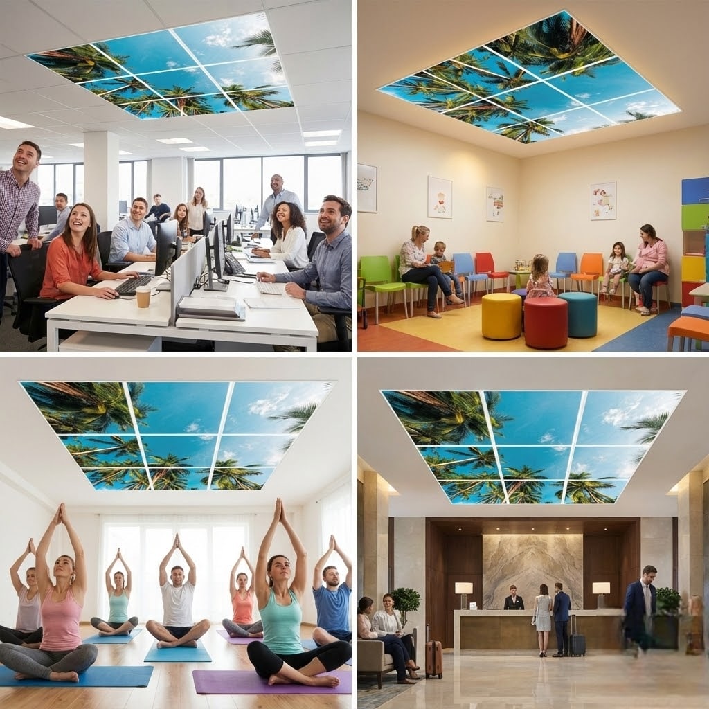 SunshinePanel Pack 9 Dalles LED �vasion Tropicale 60�60 cm - 3,24 m� Plafond Complet, vue arriere et connectique