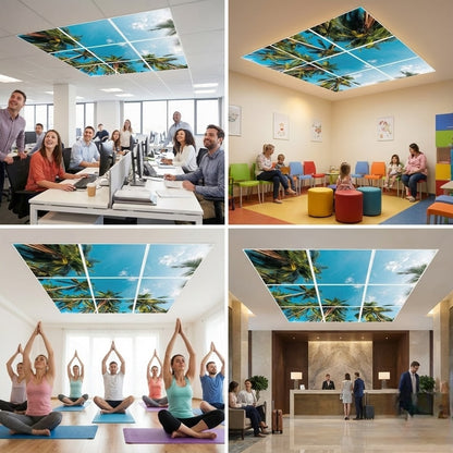 SunshinePanel Pack 9 Dalles LED �vasion Tropicale 60�60 cm - 3,24 m� Plafond Complet, vue arriere et connectique