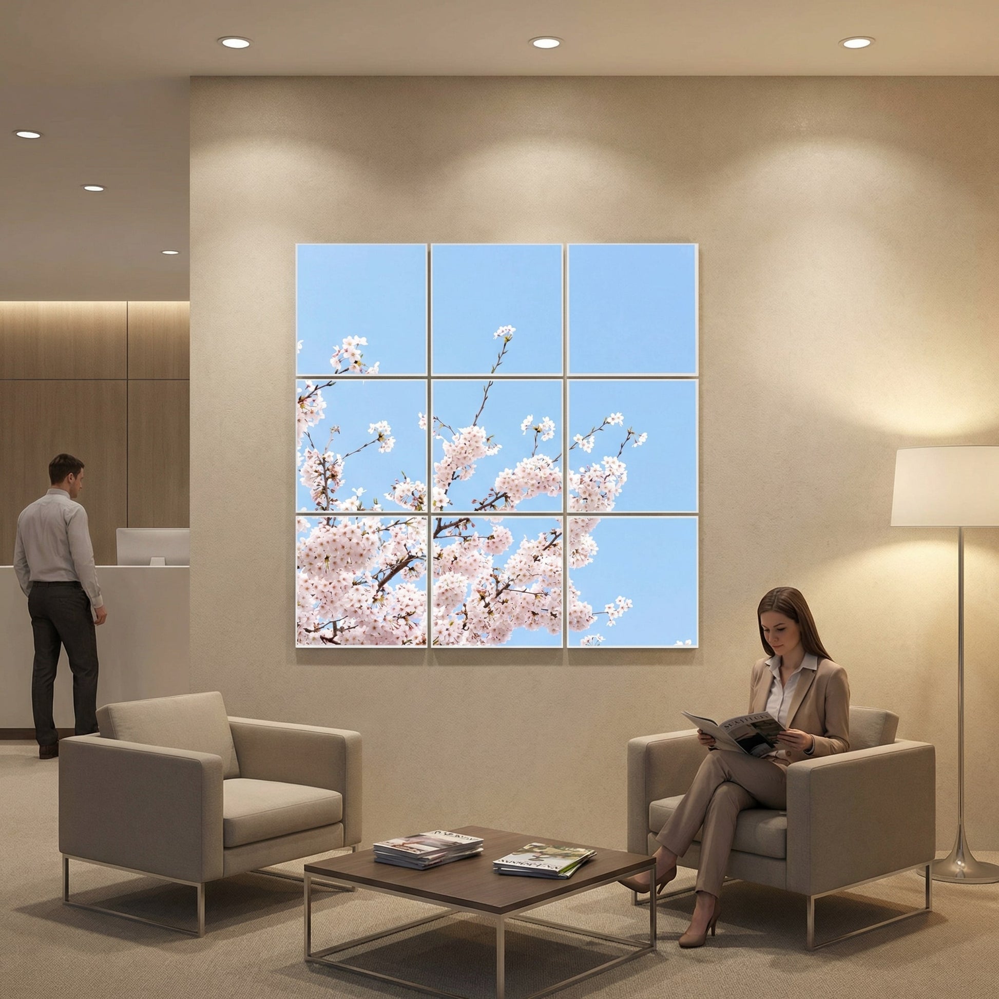 SunshinePanel Pack 9 Dalles LED Fleurs de Ciel 60�60 cm - 3,24 m� Plafond Complet, vue d�tail installation plafond LED