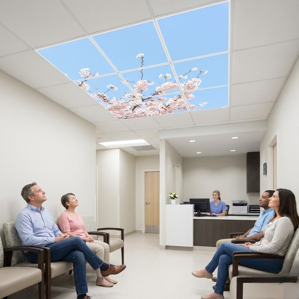 SunshinePanel Pack 9 Dalles LED Fleurs de Ciel 60�60 cm - 3,24 m� Plafond Complet, dimensions et gabarit