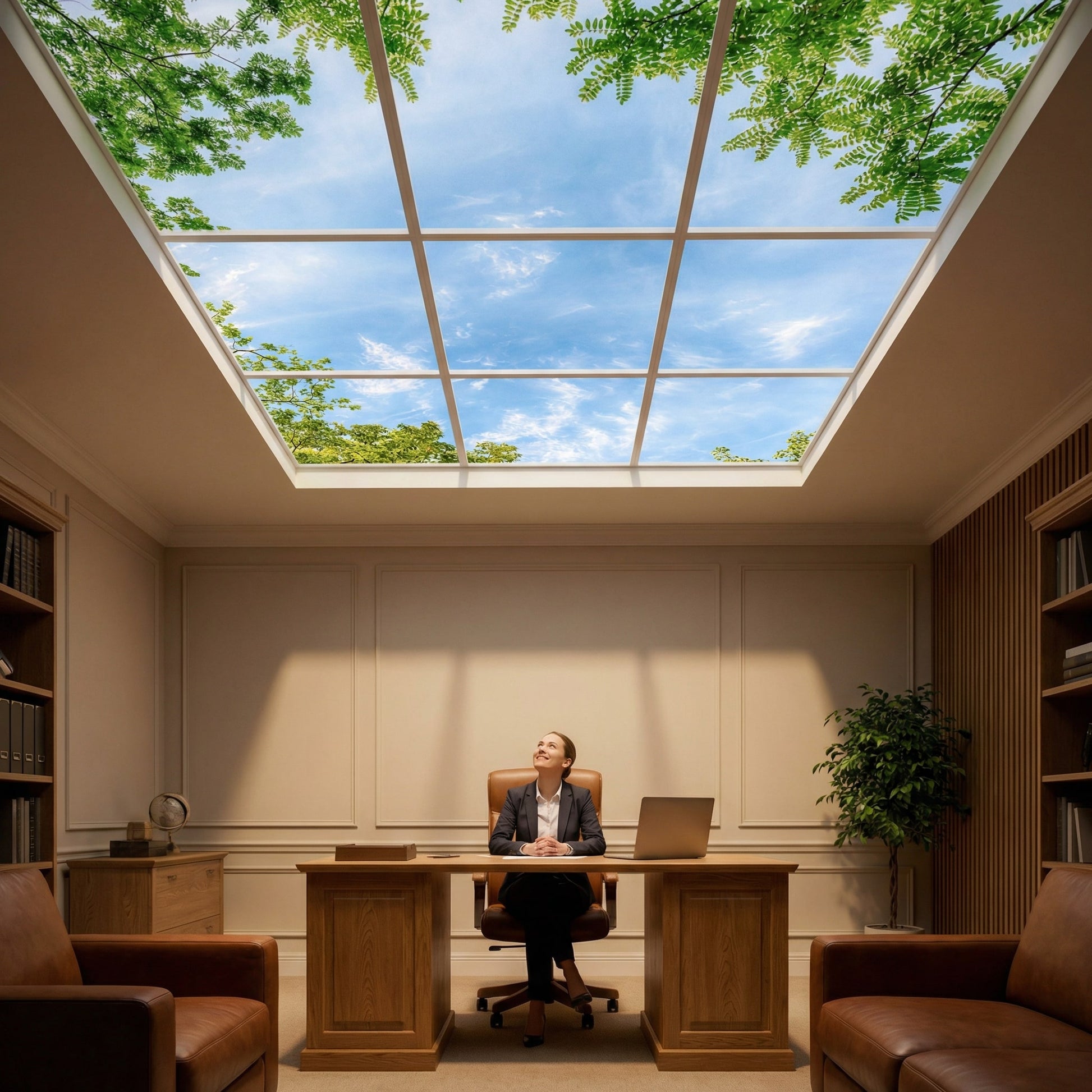 SunshinePanel Pack 9 Dalles LED Horizon Arbor� 60�60 cm - 3,24 m� Plafond Complet, vue d�tail installation plafond LED