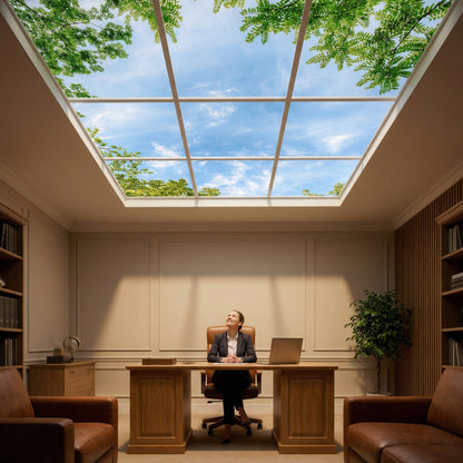 SunshinePanel Pack 9 Dalles LED Horizon Arbor� 60�60 cm - 3,24 m� Plafond Complet, vue d�tail installation plafond LED