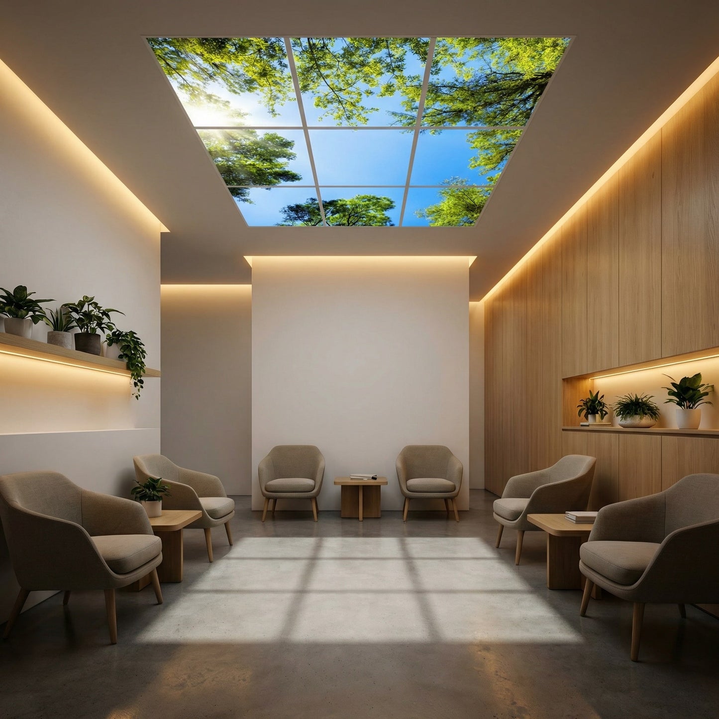 SunshinePanel Pack 9 Dalles LED Myst�re Forestier 60�60 cm - 3,24 m� Plafond Complet, vue d�tail installation plafond LED