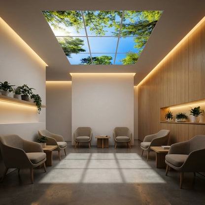 SunshinePanel Pack 9 Dalles LED Myst�re Forestier 60�60 cm - 3,24 m� Plafond Complet, vue d�tail installation plafond LED