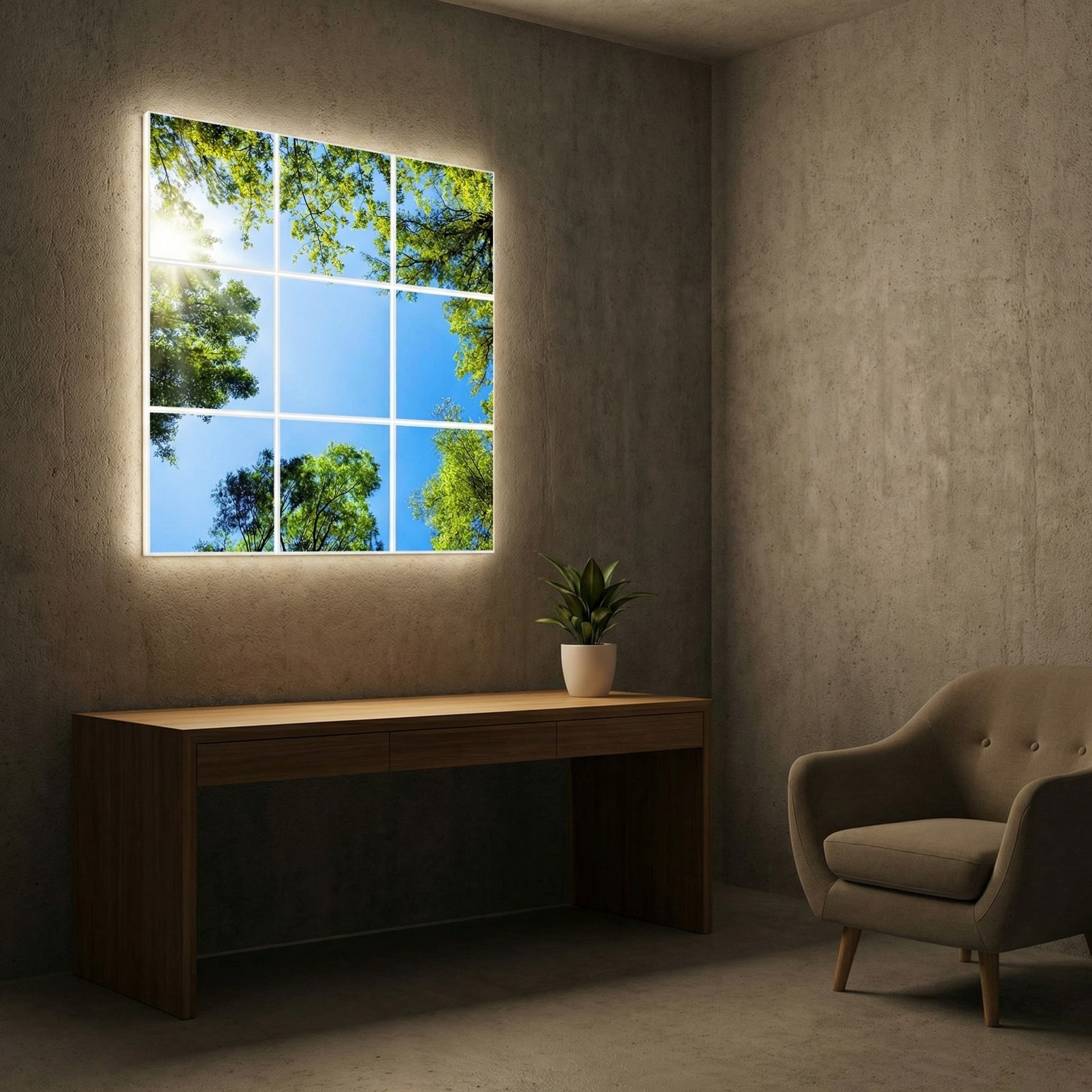 SunshinePanel Pack 9 Dalles LED Myst�re Forestier 60�60 cm - 3,24 m� Plafond Complet, rendu pack vue ensemble
