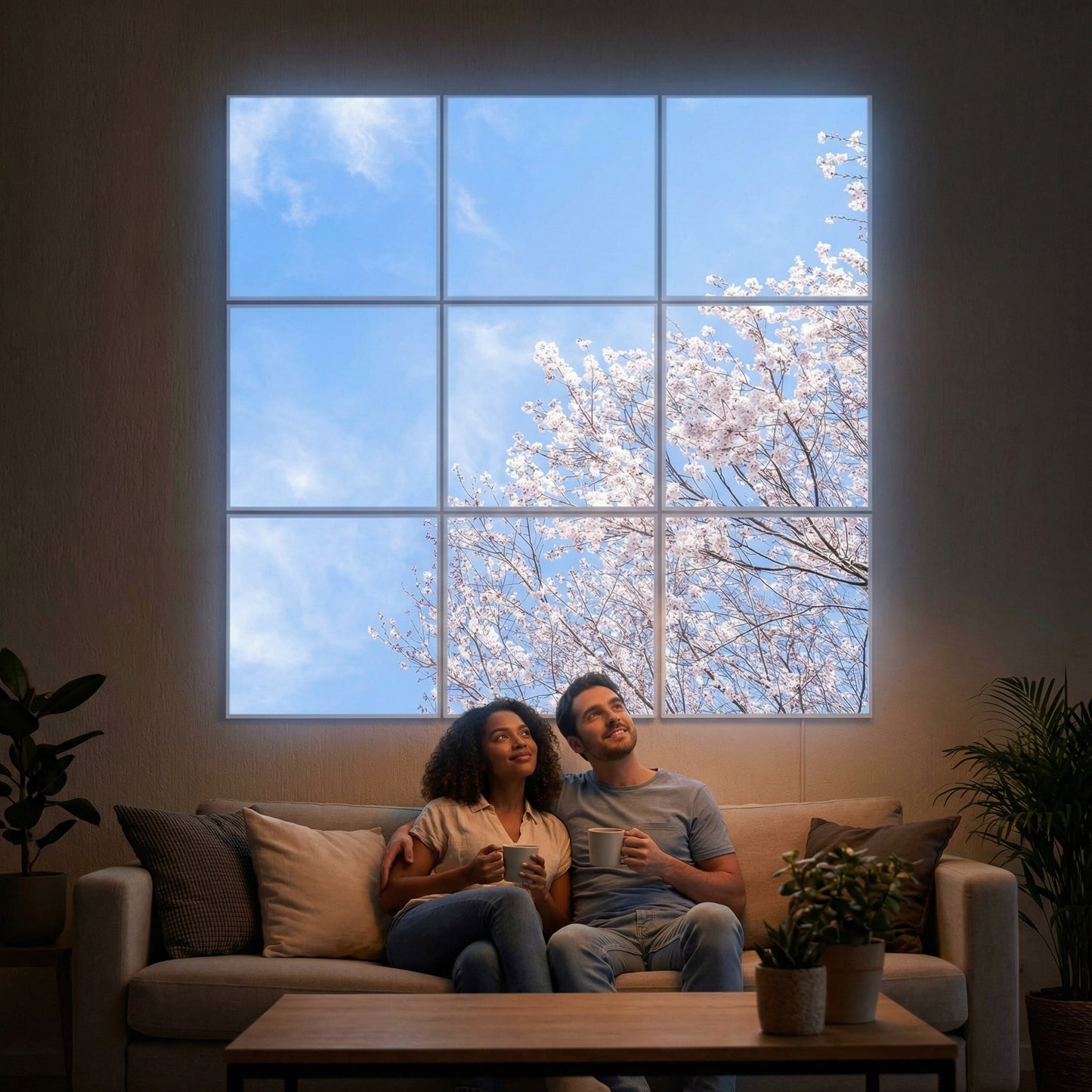SunshinePanel Pack 9 Dalles LED Nuances Roses 60�60 cm - 3,24 m� Plafond Complet, dimensions et gabarit