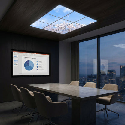 SunshinePanel Pack 9 Dalles LED Nuances Roses 60�60 cm - 3,24 m� Plafond Complet, vue arriere et connectique