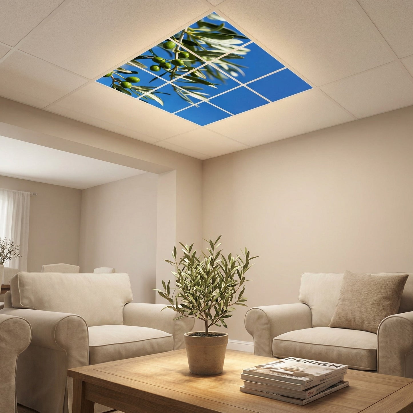 SunshinePanel Pack 9 Dalles LED Parfum d'Oliviers 60�60 cm - 3,24 m� Plafond Complet, vue arriere et connectique