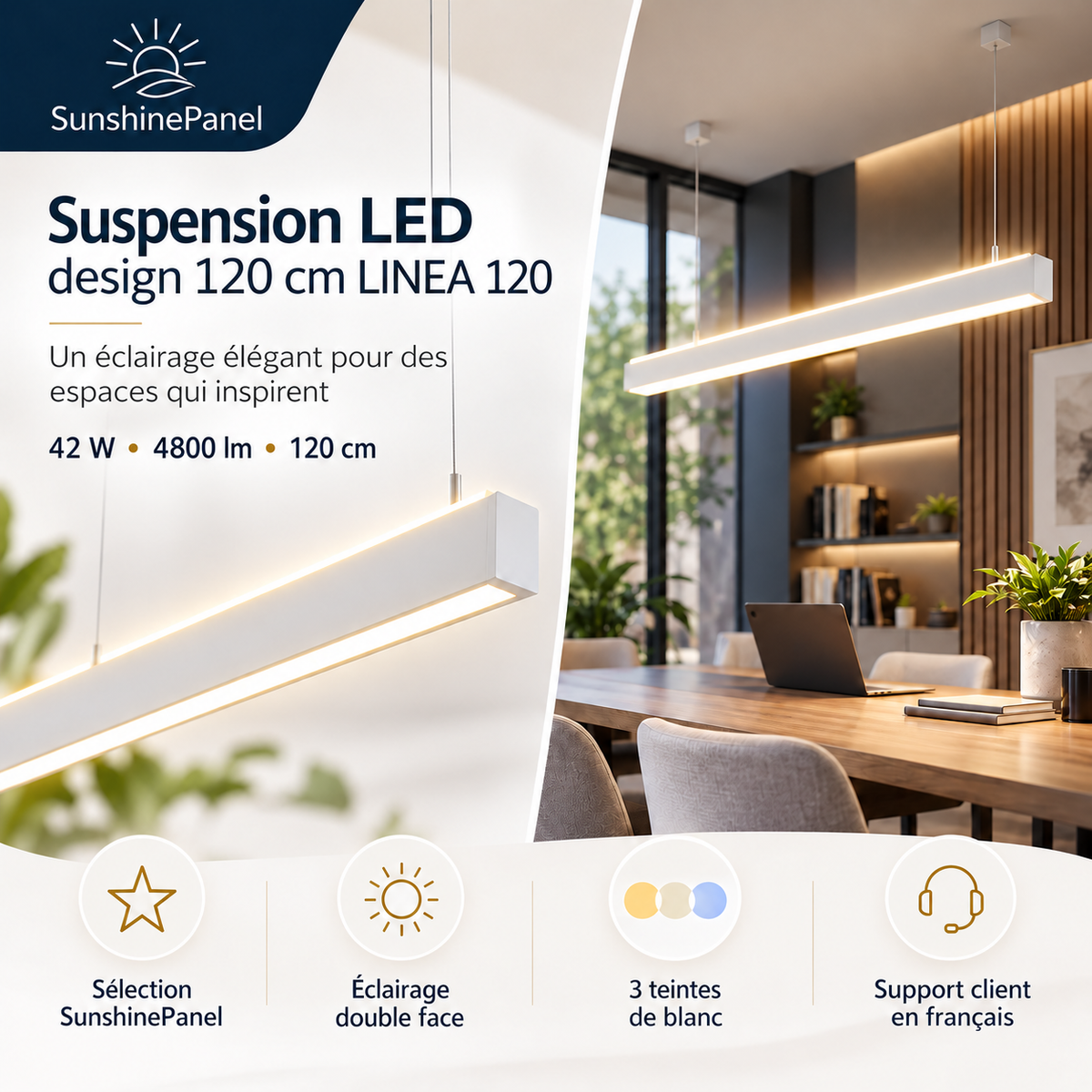 Suspension LED LINEA 120 – 42 W CCT, éclairage double face | SunshinePanel